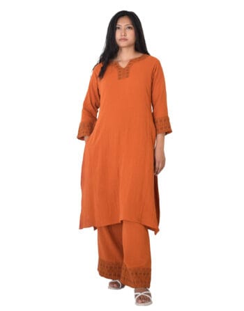 A-line kurta set with flared pants - Fabric-Mulmul, Size-L, Color-Burnt Brick