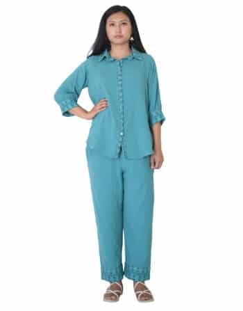 Open collar shirt straight fit pants - Fabric-Mulmul,  Size-L, Color- Turquoise Blue