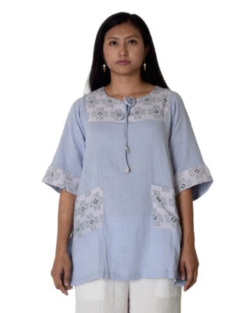 Top with tie up details - Fabric-Mulmul, Size-L, Color-Sky Blue