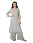 A-line kurta set with flared pants - Fabric-Mulmul, Size-XL, Color-Laurel Green