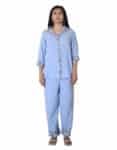 Open collar shirt with straight fit pants - Fabric-Mulmul,  Size-L, Color- Sky Blue