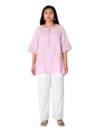 Top with tie up details - Fabric-Mulmul, Size-L, Color- Pink