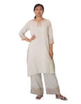 A-line kurta set with flared pants - Fabric-Mulmul, Size-M, L, Color-Silver