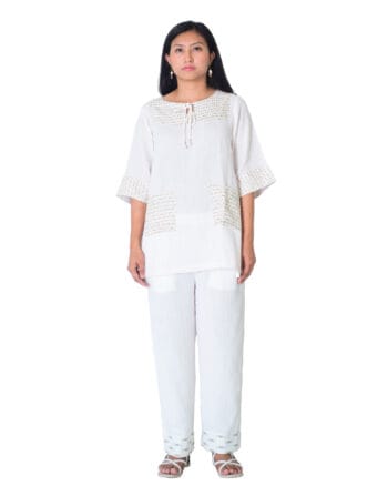 Top with tie up details - Fabric-Mulmul,  Size-L, Color Light Pink