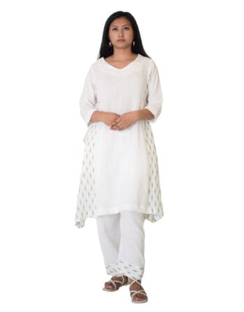 A-line kurta set with fitted pants - Fabric-Mulmul, Size-L, Color-White