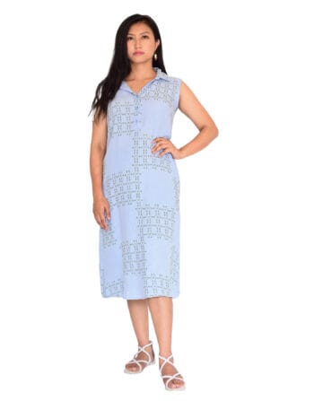 Straight line dress with open shirt collar - Fabric-Mulmul, Size-M, Color- Sky Blue