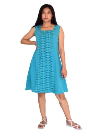 A-line dress with square collar - Fabric-Mulmul, Size-M, Color-Turquoise Blue