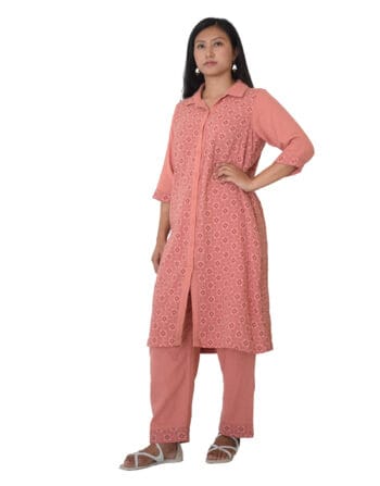 Open collar shirt with fitted pants - Fabric-Mulmul, Size-XL, Color-Pastel Coral
