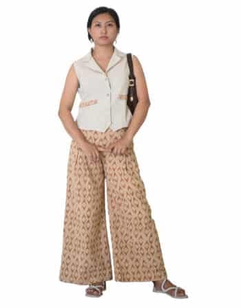 Schiffli waistcoat with palazzos - Fabric- Waist coat: Cotton, Palazzos: Casement,  Size-M, Color- Off white & Camel Brown
