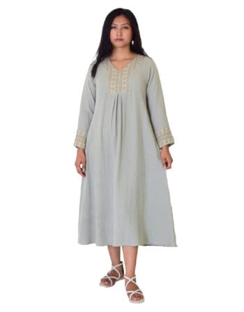 A-line kurta dress with pleats - Fabric-Mulmul, Size-M, Color-Green Laurel
