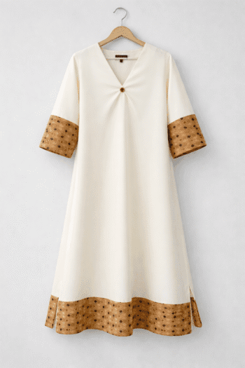A- line kurta dress with mid box pleat and side slit. Fabric- Cotton Size- L Colour- Off-white  Print- YIM 6A